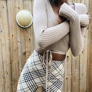 TigerMist Tan Wrap Crop Top XS and Plaid High Waisted Pants XS Outfit Set